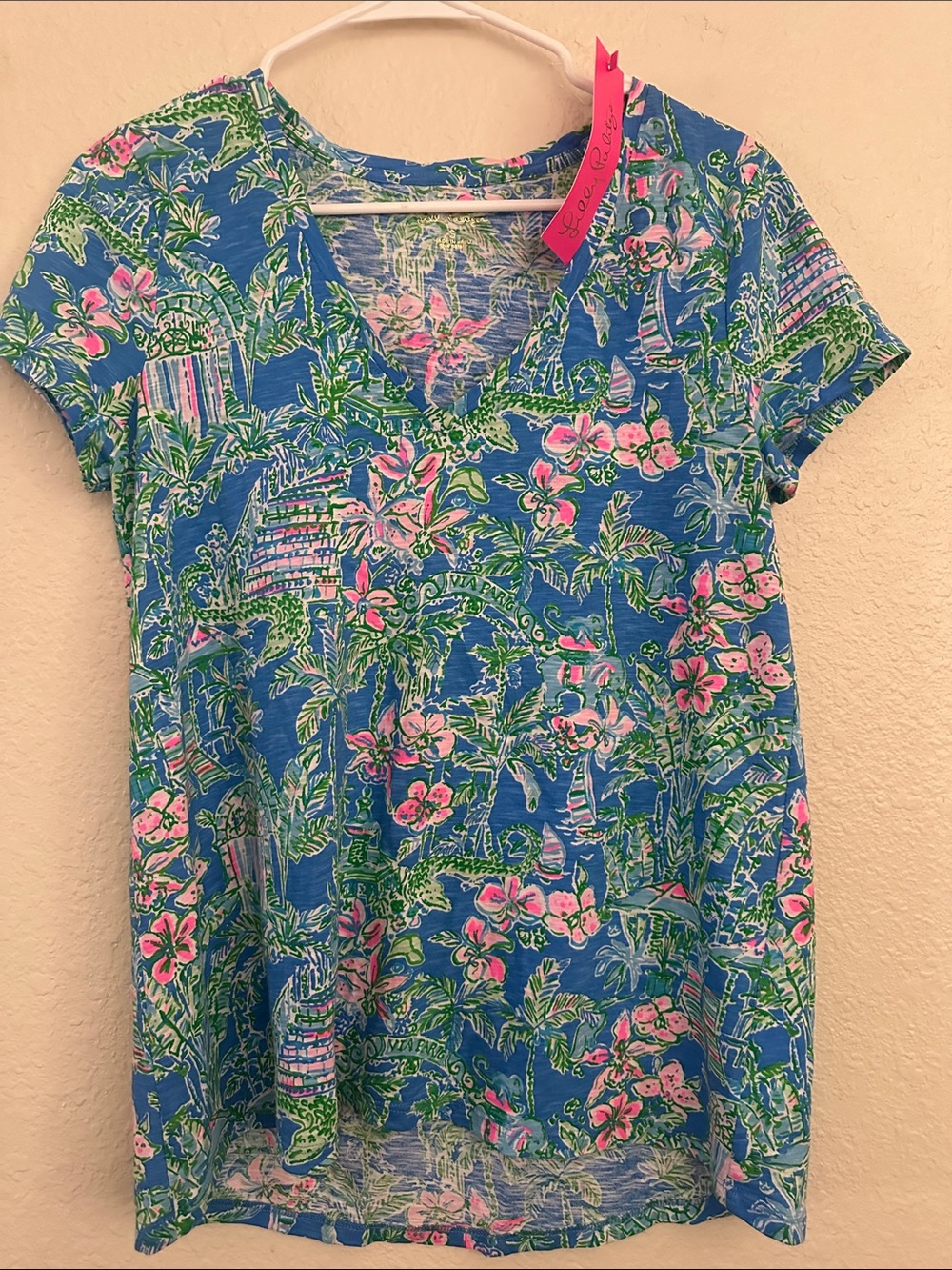 Lilly Pulitzer Blue Floral V-Neck Tee with Pink & Green Accents